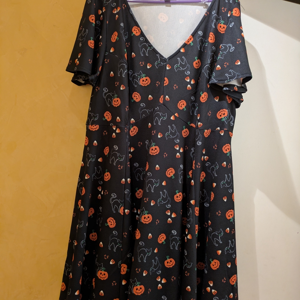 Unique Vintage Halloween Spooky Cats & Pumpkins Flare Dress - Picture 5 of 5